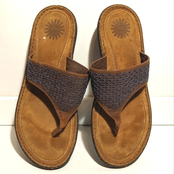 UGG Mahala 5105 Leather Suede Sandal Flip Flops Blue Tan Thong Size 9 - Picture 7 of 8